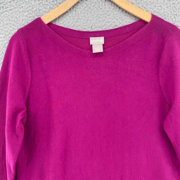 Chicos Sweater Womens 0 US Small Pink Bateau Neck Shirttail Hem Pullover Stretch - Picture 2 of 9